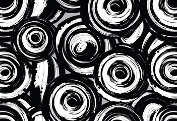 Abstract black and white seamless pattern of hand-painted brush stroke rings, elegant, stylish