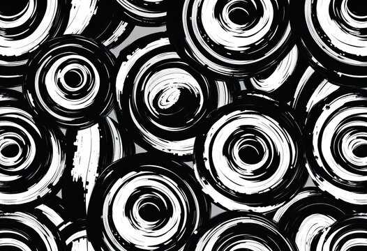 Abstract black and white seamless pattern of hand-painted brush stroke rings, elegant, stylish