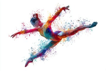 Dynamic artistic gymnastics watercolor splash showcasing a gymnast in full motion during a competition in a vibrant atmosphere