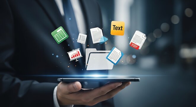 Businessman holding tablet with digital files documents spreadsheet chart and text icons floating above Technology Data Information Management Online Office