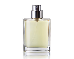 Glass bottle of perfume or cologne with silver cap, isolated on transparent background