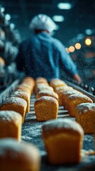 Freshly baked loaves line the bakery counter as a baker prepares for the busy morning rush in a bustling city