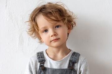 Naklejka premium Cute kindergarten boy with curly hair poses against a plain white background while showcasing a thoughtful expression and dressed in casual gray overalls and a t-shirt