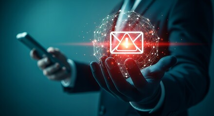 A person in a suit holding a smartphone displays a glowing digital network globe with an email icon featuring a warning symbol Technology Security Data