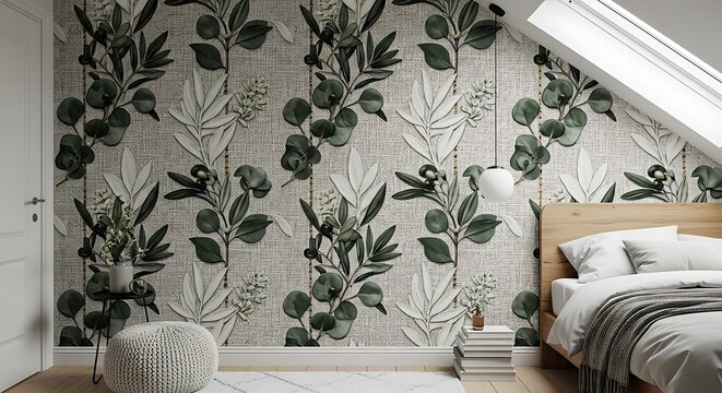 Ai generated image of attic bedroom interior with green botanical wallpaper and wooden bed