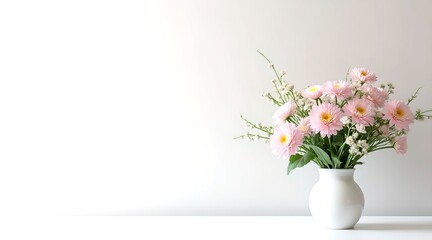 Fototapeta premium Minimalist floral arrangement in a white vase, Simple, elegant and timeless design, Ideal for use, with clean lines and a clear focus on the subject