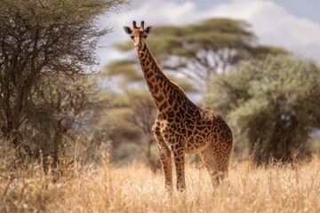 Obraz premium Majestic Masai giraffe standing among golden grasses in Tarangire National Park, showcasing its unique spotted coat under a clear blue sky