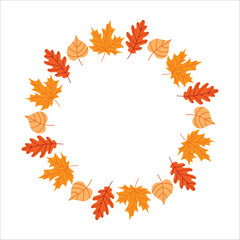 Fototapeta premium Trendy autumn wreath made of colorful seasonal leaves and ferns in warm fall tones, autumn leaves circle. Flat vector design for invitations, greeting cards, posters, social media. Fall season