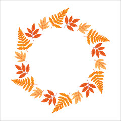 Trendy autumn wreath made of colorful seasonal leaves and ferns in warm fall tones, autumn leaves circle. Flat vector design  for invitations, greeting cards, posters, social media. Fall season