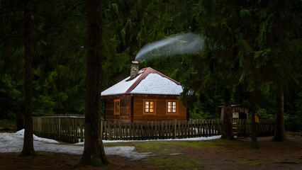 Cozy Wooden Cabin Nestled Deep Within a Snow-Covered Forest Emitting Warm Light