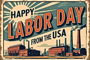 Vintage Postcard Style Labor Day Illustration with Factory Scene