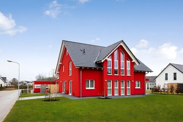 Obraz premium Modern Red House With Large Windows and Green Lawn Under Blue Sky