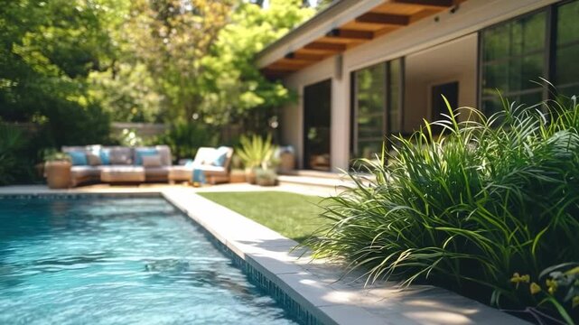 Relaxing afternoon by the pool in a serene backyard setting with lush greenery and comfortable seating