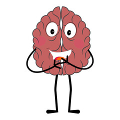 Cute brain mascot character, Happy cartoon brain illustration. Waving hand, fun mascot illustration, educational symbol, cute organ, smart idea, mental health concept