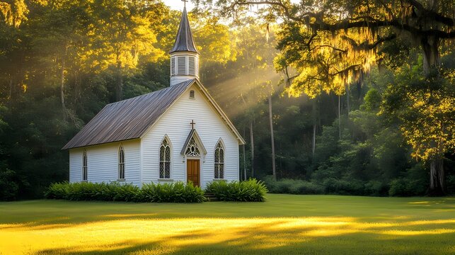 Sunlit Church in a Forest Grove