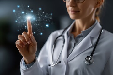 Healthcare professional interacts with digital health data while wearing a stethoscope in a modern medical environment