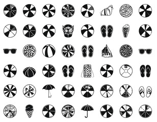 Collection of summer themed black and white vector icons including beach toys and vac  