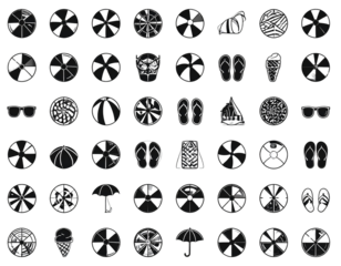 Collection of summer themed black and white vector icons including beach toys and vac  