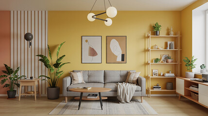 Cozy living room with yellow walls and modern furniture © Hira
