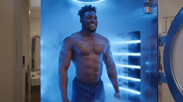Athlete Undergoing Cryotherapy in Cryo Sauna - A confident athlete stands in a cryo sauna, enveloped in cold vapor as he undergoes cryotherapy treatment.