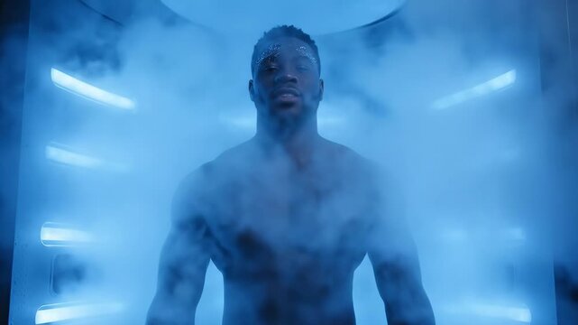 Athlete Undergoing Cryotherapy in Cryo Sauna - A muscular athlete stands confidently in a cryotherapy chamber, enveloped in a cloud of fog created by the chilling treatment.