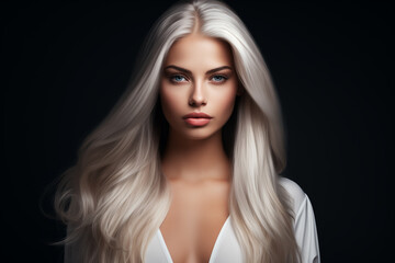 Fototapeta premium Beautiful girl with long blonde hair on dark background