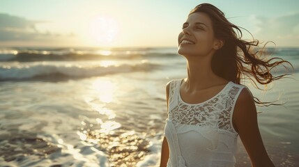 Woman in a white sundress, with a joyful expression, enjoying her summer vacation at the beach. Pure summer bliss and relaxation.