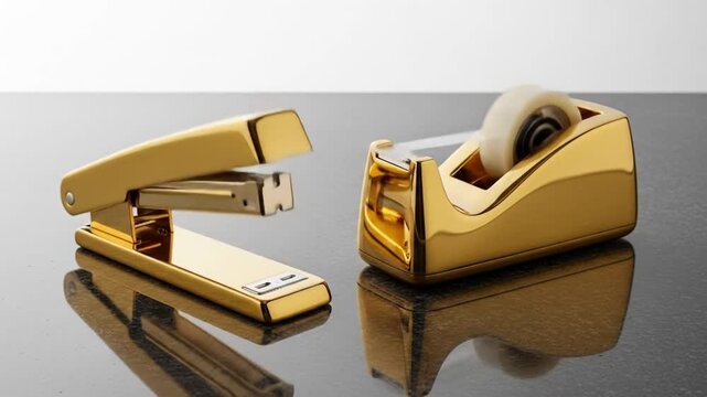 Elegant golden stapler and tape dispenser on a sleek surface