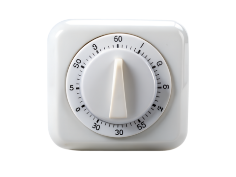 White mechanical kitchen timer for cooking, isolated on transparent background