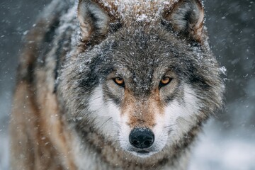 Fototapeta premium Timber wolf navigating through the snowy landscape of Hokkaido, Japan showcasing its majestic presence in the wild winter environment