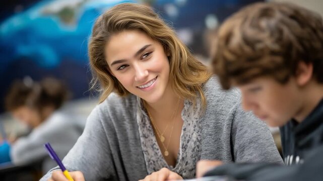 Smiling teacher writing comments on student assignment with colored pen