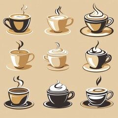 Obraz premium Various coffee cup designs featuring steaming beverages displayed on a neutral background