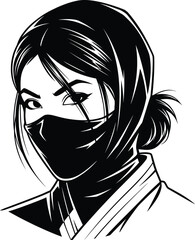 Vector Illustration of a Stealthy Female Ninja: A striking black and white portrait of a masked woman warrior with sharp eyes, perfect for martial arts, gaming, and graphic design projects.