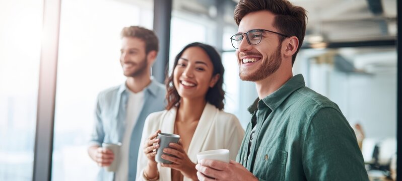 The young professionals enjoying a coffee break and smiling in a modern office