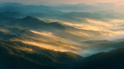 Fototapeta premium Misty mountain landscape at sunrise. Soft golden light. Golden hour, serene atmosphere, ethereal, tranquil