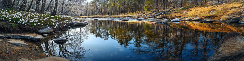 Still pool along a spring forest river with a clear reflection of newly leafed trees and clusters of spring blossoms at the edge