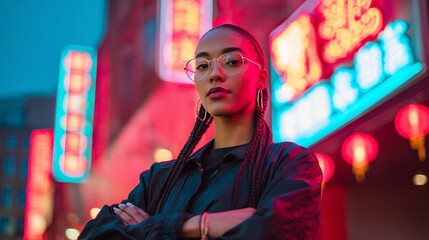 Obraz premium stylish mixed race woman with glasses, standing in a city street, with neon signs behind, confident gaze at camera, fashionable outfit, urban style aesthetic