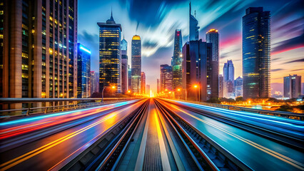 Fototapeta premium Urban cityscape with light trails and modern skyscrapers lights