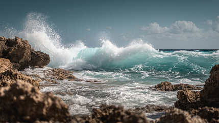 Waves crashing on rocky shore