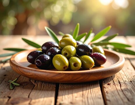 Variety of green and purple olives on rustic wooden plate with fresh leaves