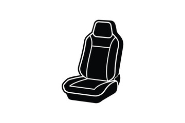 A black and white illustration of a car seat with a simple design silhouette