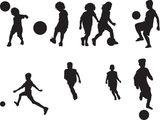 Children playing soccer or football game vector design isolated on background. Set of child activity vector illustration. Silhouette vector design.