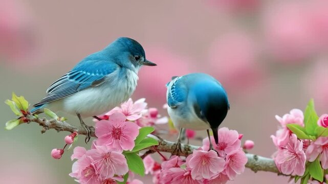 Two bluebirds perched on a cherry blossom branch during springtime in a serene garden setting