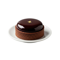 Miniature chocolate ganache tart with glossy mirror glaze, edible gold leaf on white saucer, isolated transparent, soft light, creamy bokeh, delicate shadows, culinary perfection and elegance