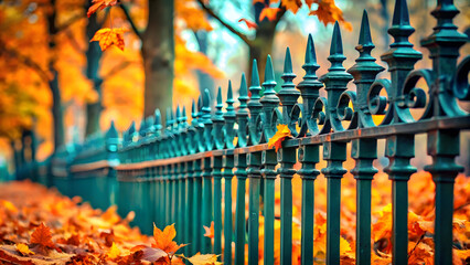 Fototapeta premium Ornate green metal fence with autumn leaves image
