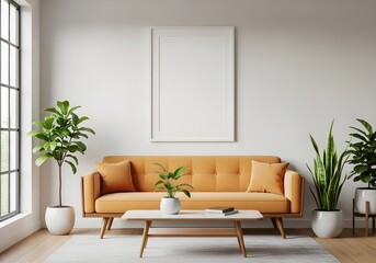 Modern living room interior with stylish sofa, plants, and blank frame mockup