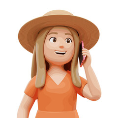 Woman talking on the cellphone illustration in 3D Cartoon style, White Background