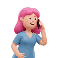 Woman talking on the cellphone illustration in 3D Cartoon style, White Background