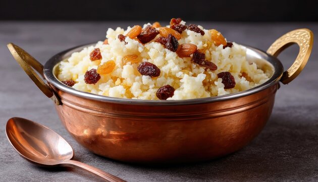 Delicious kesari bhath garnished with raisins in copper pot with spoon