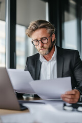 Fototapeta premium Professional man in a suit sitting at an office desk, reviewing documents and preparing for a presentation, modern workspace, natural lighting, mid-frame shot, focused and confident businessman.